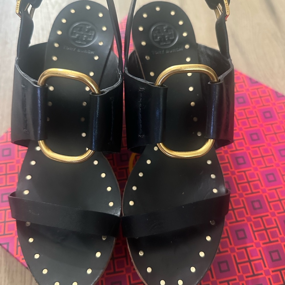 Tory Burch Black Sandals with Gold Detailing